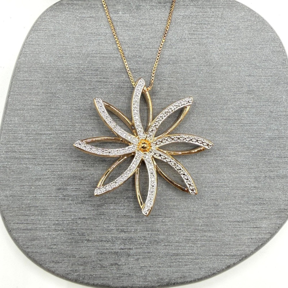 Technibond Gold Tone Crystal Flower Pendant Necklace Large Statement Jewelry